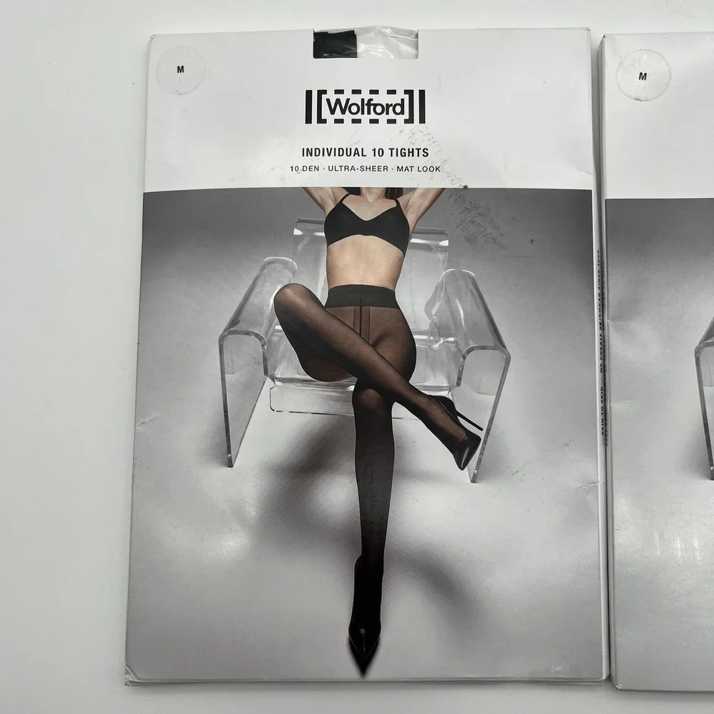 Wolford Tights Womens M‎ Black & Fairly Light Individual 10 Ultra Sheer Mat 2 Pk